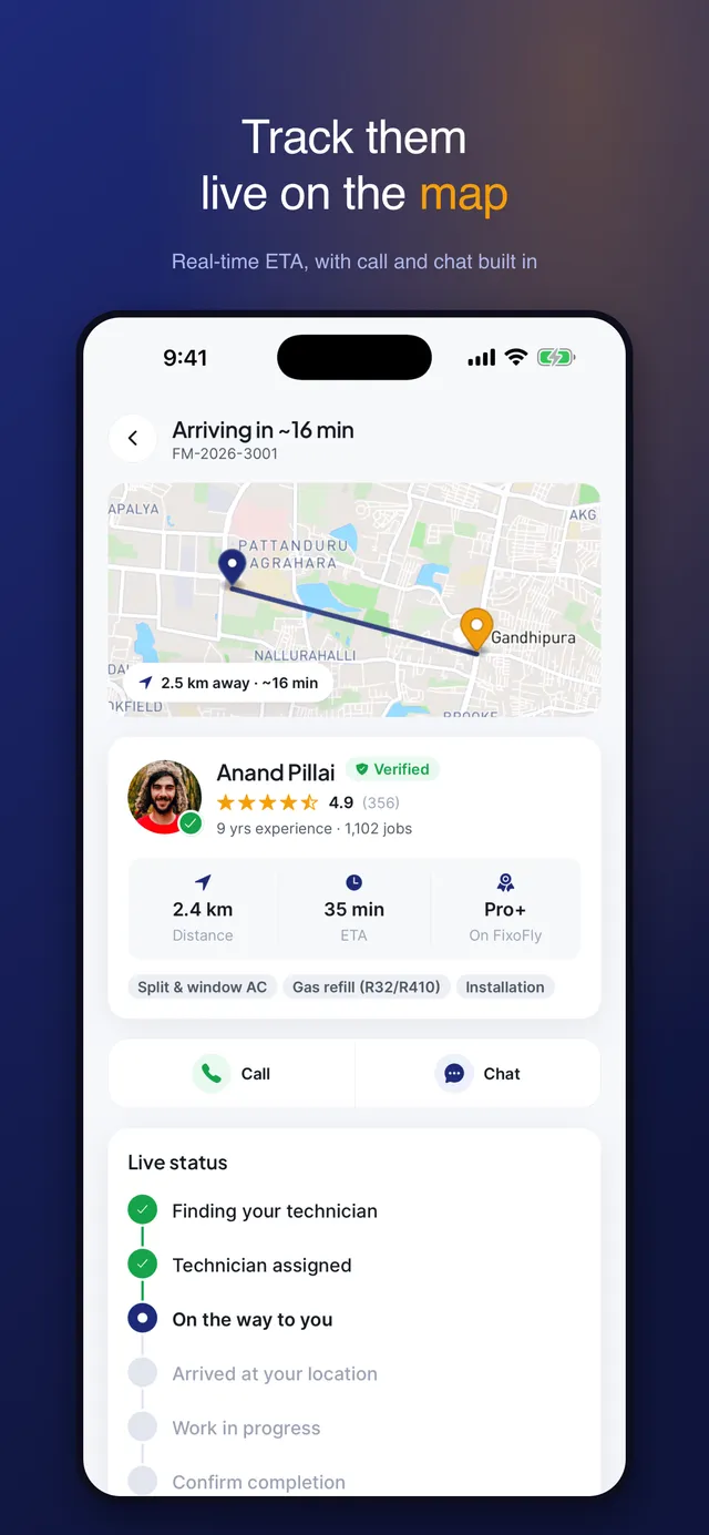 Live tracking of a professional in the FixoFly app