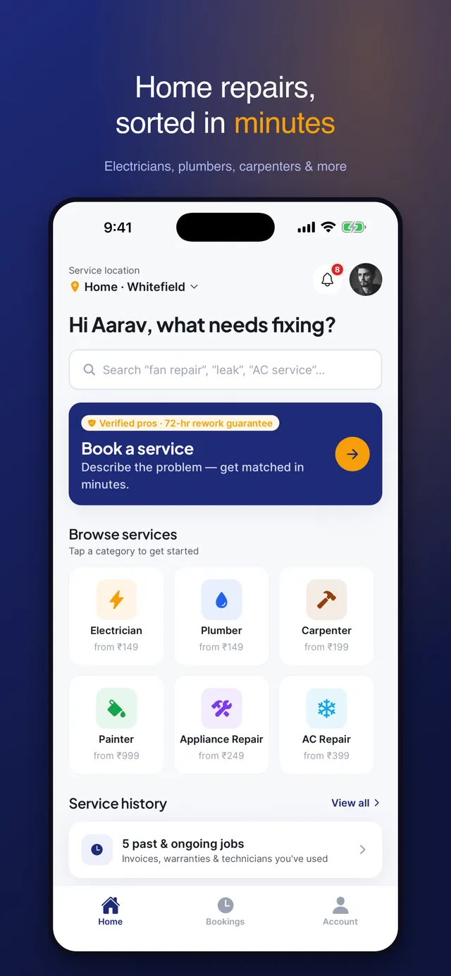 The FixoFly app home screen: search, book a service and browse categories