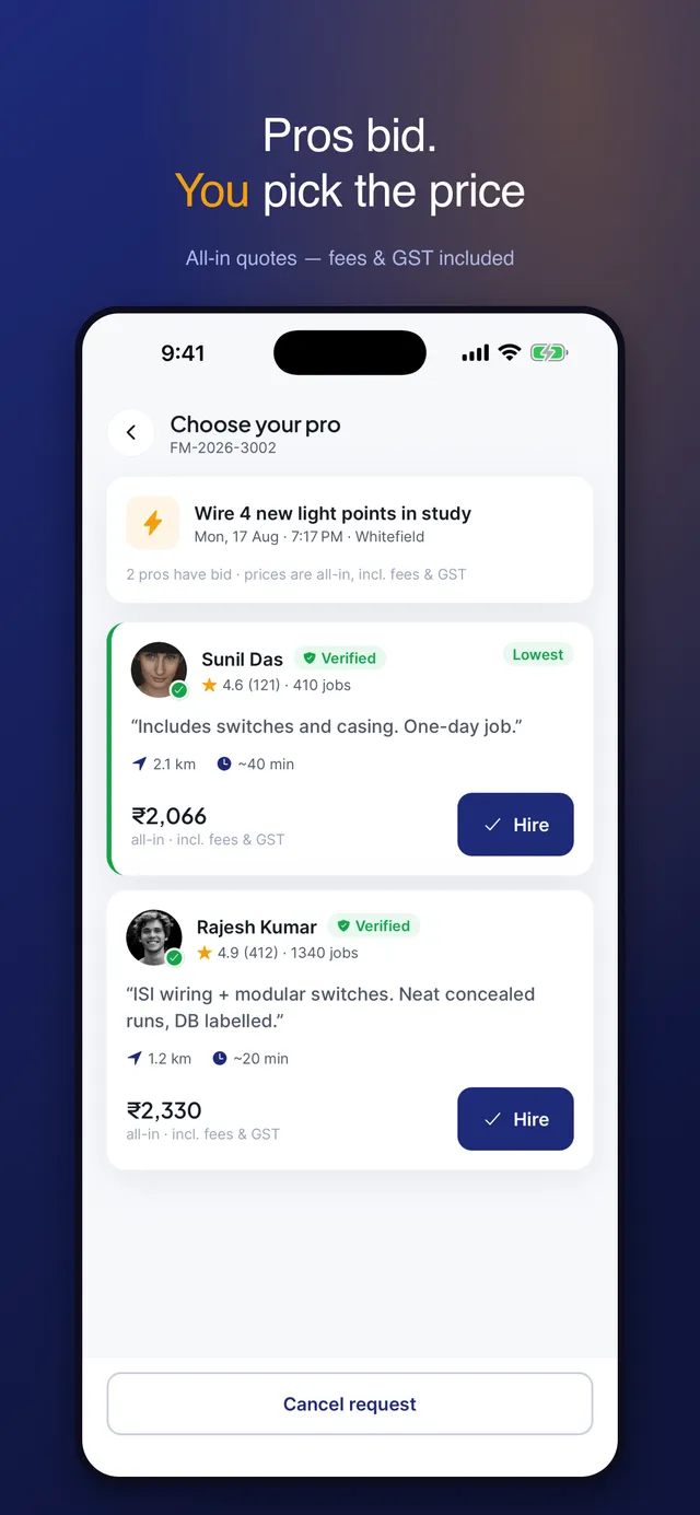 Professionals bidding on a job in the FixoFly app