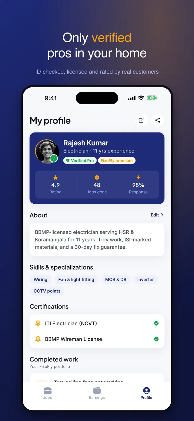The professional profile screen in the FixoFly app